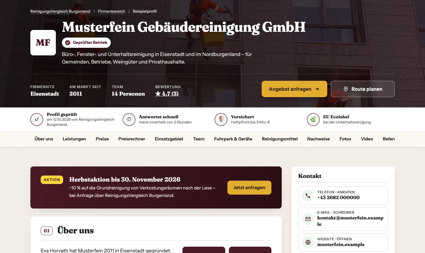 Beispielprofil am Computer: Kopf mit Siegel, Vertrauensleiste, Aktion und Kontakt